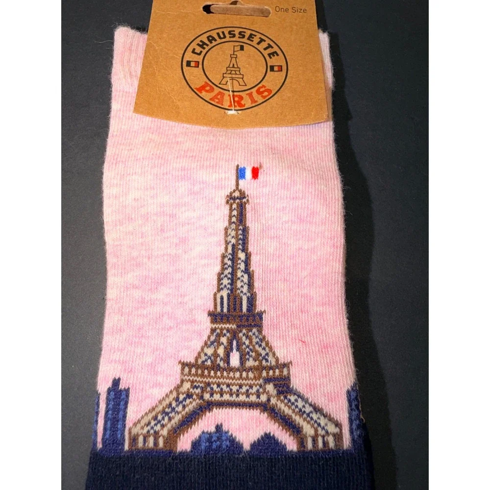 Chaussette Paris Eiffel Tower Pink Navy Blue Cotton Blend Crew Socks One Size